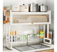 WIQUYBML Milkshake White 3-Tier Over Sink Dish Rack with Cover - Space-Saving Drying for Dishes, Glasses, Bowls & Cutlery