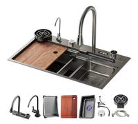 WIQUYBML Multifunctional Stainless Steel Kitchen Sink with Waterfall Faucet - Single Bowl Design Complete Accessories Ideal for Modern Kitchens (75x45x22cm)