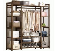 WIQUYBML Multifunctional Wall Wood Closet Shelf with Hanging Rod,Walk in Wardrobe Garment Rack with Shelves,Bamboo Coat Rack with Storage Rack,Open Wardrobe Closet,Bamboo Clothes Rail
