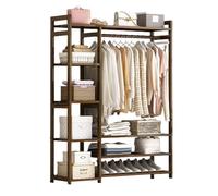 WIQUYBML Multifunctional Wall Wood Closet Shelf with Hanging Rod,Walk in Wardrobe Garment Rack with Shelves,Bamboo Coat Rack with Storage Rack,Open Wardrobe Closet,Bamboo Clothes Rail