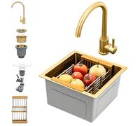 WIQUYBML Stainless Steel Kitchen Sink 45x45cm with Faucet Undermount or Drop-in Single Bowl Drain Filter & Trap Ideal for 50cm Cabinet Space - Gold Finish