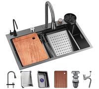 WIQUYBML Stainless Steel Kitchen Sink Bar Single-Bowl Workstation Waterfall Pull Down Faucet And Complete Accessory Set Easy-to-Clean (Color : Black, Size 80x45x22cm)