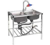 WIQUYBML Stainless Steel Prep & Utility Sink, 2 Basin Laundry Sink with Cold and Hot Taps, Practical Freestanding Multipurpose Commercial for Laundry/Backyard/Garage