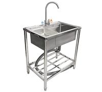 WIQUYBML Stainless Steel Single Bowl Utility Sink Free Standing Commercial Restaurant Outdoor withHot and Cold Tap for Garage Kitchen Laundry Room (Depth 22cm)