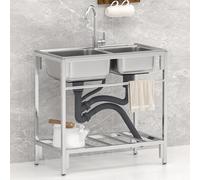 WIQUYBML Stainless Steel Sink Prep & Utility 2 Compartment Commercial Kitchen Handwashing Station with Storage Shelves Faucet Combo for Indoor Outdoor RV (Silver)