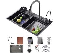 WIQUYBML Stainless Steel Waterfall Sink With LED Display Screen Single-Bowl Kitchen Workstation Pull-Down Faucet And Complete Accessory Set (Color : Black, Size 75x45x22cm)