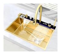 WIQUYBML Upgraded Waterfall Kitchen Sink, Nano Stainless Steel Workstation Smart Bar Sink With Pull-Out Faucet, Cup Washer, Drain Kits, Large Single Bowl Farmhouse Sink(Gold,80x46x22cm)