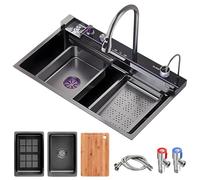 WIQUYBML Upgraded Waterfall Kitchen Sink, Nano Stainless Steel Workstation Smart Bar Sink With Pull-Out Faucet, Cup Washer, Drain Kits, Large Single Bowl Farmhouse Sink(Black,68x46x22cm)