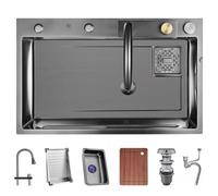 WIQUYBML Versatile Stainless Steel Single-Bowl Kitchen Workstation Sink Waterfall With Pull-Down Faucet Bar Prep Complete Accessory Set (Color : Black-grey, Size 68x45x22cm)