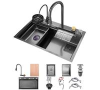 WIQUYBML Waterfall Kitchen Sink Top-mount Stainless Steel Bar Nano Single Bowl Multi-function Workstation With Pull-out Faucet, 2 Drain Baskets, Cutting Board, Cup Washer, Soap Dispenser
