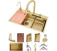 WIQUYBML Waterfall Kitchen Sink Workstation Nanometer Topmount Stainless Steel Bar Multifunction Single Bowl With Faucet Combo & Drainage Components(Gold,68x45x22cm)