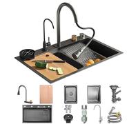 WIQUYBML Waterfall Sink Top Mount Kitchen Stainless Steel Single Bowl Bar Multi-function Workstation Black Nano With Pull-out Faucet And Complete Accessories/Quick Drain(65x50x22cm)