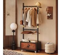 WIQUYBML Wooden Heavy Duty Clothes Rail - Bamboo Rails to Hang Clothes,Movable Clothes Rack Garment Rack with Hanging Clothing Shoe Rack Storage Shelves Coat Hooks for Entryway Bedroom