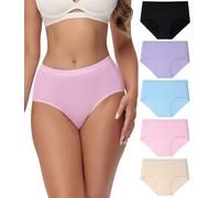 wirarpa Underwear Women Mid High Waist Knickers Comfortable Ladies Cotton Pants Full Briefs 5 Pack Black Light Purple Light Blue Pink Beige Size 3X-Large