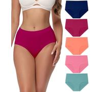 wirarpa Underwear Women Mid High Waist Knickers Comfortable Ladies Cotton Pants Full Briefs 5 Pack Navy Purple Red Orange Watermelon Red Green Size XX-Large