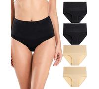 wirarpa Women's Cotton Knickers High Waisted Underwear Ladies Full Back Coverage Briefs Jacquard Panties 4 Pack Black Beige S