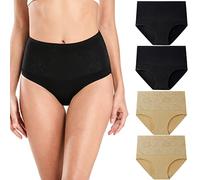 wirarpa Women's Cotton Knickers High Waisted Underwear Ladies Full Back Coverage Briefs Jacquard Panties 4 Pack Black Beige M