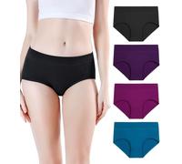 wirarpa Women's Mid Waist Cotton Briefs Soft Underwear Stretchy Full Panties Plain Ladies Knickers 4 Pack Black Purple Red Blue Size L