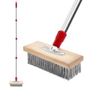 Wire Broom Scrubbing Brush with Long Handle, Deck Scrub Brush, Stiff Metal Bristle Outdoor Floor Scrubber, Patio Brushes for Cleaning Moss, Tough Stain on Garden, Garage (Red)