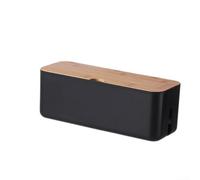 Wire Cable Organizer with Wooden Lid, Heat Resistant Plastic Power Strip Storage Box, Desktop Cord Management Junction Box for Chargers, USB Hubs and Home(Black)