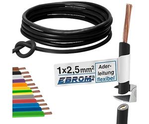Wire Cable Wiring Cable - Single Core Flexible - PVC Cable - H07V-K 2.5 mm² - Colour: Black, 5 m/10 m/15 m/20 m/25 m/30 m/35 m/40 m/45 m/50 m/55 m/60 m up to 100 m, freely selectable 2.5 mm²