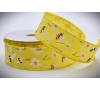 Wire Edge Bright Yellow or Green Bumble Bee Woven Ribbon 25mm x 10m roll or 1m Cut Length (Yellow 1m Cut Length)
