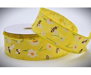 Wire Edge Bright Yellow or Green Bumble Bee Woven Ribbon 25mm x 10m roll or 1m Cut Length (Yellow 1m Cut Length)