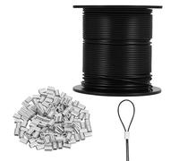 Wire Rope 328ft Stainless Steel Clotheslines with Black Vinyl Coated Outdoor Light Guide Wire with 150PCS Crimping Loop Sleeves for String Lights Picuture Hanging 1/16'' Overmolded to 3/32''