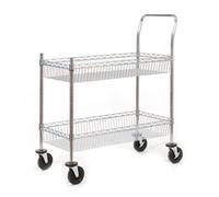 Wire Trolley; 2 Shelves Fixed/Swivel Castors Chrome Plated Wire Silver