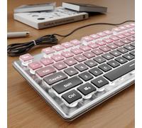 Wired Backlit Keyboard with Pudding Keycaps, Quiet Full Size Computer Keyboard White Backlight Easy-to-Read, Never Fade, Metal Panel, USB Cute Desk Setup for Windows PC Desktop, Pink-Black Ombré
