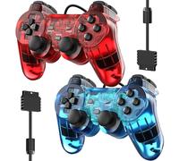 Wired Controller for PS2 Double Shock, 2 Pack Gamepad Remote Compatible with Play station 2 (Clear Red and Clear Blue)