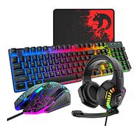 Wired Gaming Keyboard and Mouse Headset Combo,Rainbow LED Backlit Wired Keyboard,Over Ear Headphone with Mic,Rainbow Backlit Gaming Mice,Mouse Pad,for PC,Laptop,Mac,PS4,Xbox(Black)
