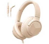 Wired Headphones with Microphone, Over Ear Foldable 3.5mm Plug in Headphones Corded with 4.9ft Tangle-Free Nylon Cord for Girls, Boys, Tablet, Laptop, MP3/4, School, Airplane Travel (Cream)