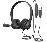 Wired On Ear USB-A Headset with Rotating Boom Mic, Volume Control, Mute Controls for Mic and Speaker, Adjustable Headband, Leather Cushions, 7ft Cable, Lightweight, for School, Office, Travel, Black