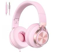 Wired Over-Ear Headphones with Microphone, Foldable Pink Headset with Passive Noise Isolating, Comfort Protein Leather Earcups for Teens, Women, Girls, 3.5mm Jack Laptop Headphones for School, Work
