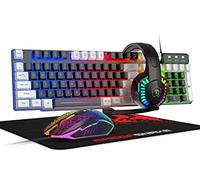 Wired Rainbow LED Backlit Keyboard and Mouse, Over Ear Headphone with Mic, Gaming Mice and Pad, for PC, Xbox and PS4 (Black/White)