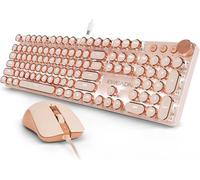 Wired Typewriter Keyboard and Mouse Combo, White Backlit, Soft Clack, Knob | Retro Round Keycaps, Plug & Play, Metal Panel, Pink Switch Full-size Desk Set for Windows PC, Mac, Laptop, Rose Gold, EWEADN