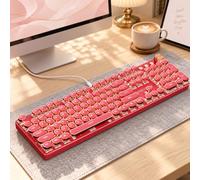 Wired Typewriter Style Mechanical Keyboard, Media Knob, Soft Clack-Hot Pink | White Backlit, Retro Round Keycaps, Metal Panel, 104-Key Full-size Desk Setup for Windows, PC, Laptop, White Switch, EWEADN