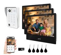 Wired Video Doorbell Security Camera,10 Inch Touchscreen Display,2-Way Audio with TUYA Wired 1080P Doorbell System,Support 5 in 1 Unlocking (1 white bell+3 black monitor)