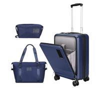 WireHot 3-Piece Carry-on Suitcase Front Open Hardshell Lightweight Luggage Sets with Spinner Wheels and TSA Lock for Carry On Travel, Luggage+Toiletry Bag+Handbag, Deep Blue, 20in/TB/HB, 3 Piece Sets