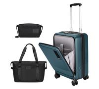 WireHot 3-Piece Carry-on Suitcase Front Open Hardshell Lightweight Luggage Sets with Spinner Wheels and TSA Lock for Carry On Travel, Luggage+Toiletry Bag+Handbag, Teal Blue, 20in/TB/HB, 3 Piece Sets