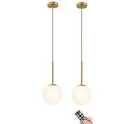 Wireless Battery Operated Pendant Light with USB Rechargeable Bulb and Remote Control, Mid Century Design, White Glass Globe Shade for Kitchen Island, Dining Table, Bedroom