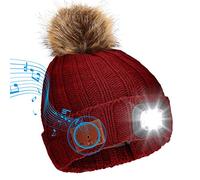 Wireless Bluetooth Beanie Hat with 4 LED Headlamp USB Rechargeable V5.0 Beanie Hat Warmer Fleece Lined Built-in Stereo Speakers and Mic for Women Running Skiing Hiking Camping Cycling Red