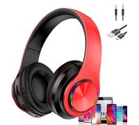 Wireless Bluetooth Headphones, Wireless Headset with LED Lights, Over-Ear Design, Foldable, Noise Cancelling For Music, Phone, PC, School, Office, Games, All Bluetooth Devices (Red)