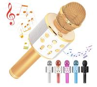 Wireless Bluetooth Microphone with Speaker, Gold, 2600 mAh Battery, Portable Karaoke Microphone, Adjustable Sound Effects