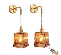 Wireless Brass Wall Sconces with Tawny Shade Rechargeable Battery Operated Modern Wall Lights for Bedroom Living Room Bathroom Cordless Non Hardwired Wall Lamp/Pendant