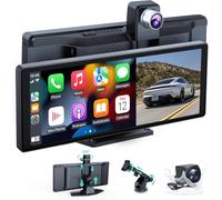 Wireless Car Stereo, 10.26 Inch Portable Car Audio,Carplay Screen with 4K Front + Rear 1080P Dual Camera Dash Cam，Wireless Car Play with Mirror Link/S-iri/AUX/64G TF