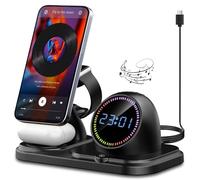 Wireless Charger, 6 in 1 Fast iphone Charger Stand with Bluetooth,Clock,RGB LED,Charging Station for Multiple Devices iphone 17 16 15 14 13 12 11/Pro Max Plus Apple Watch AirPods Pro/4/3/2-Black