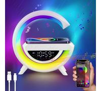 Wireless Charger Atmosphere Lamp, Sunrise Alarm Clock Wake Up Light with Bluetooth Speaker, LED Bedside Night Lamp, RGB Color Changing, Dimmable Night Light for Bedroom, G Speaker Lamp, App Control