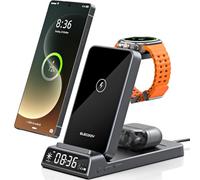 Wireless Charger for Samsung Charging Station with Clock for Samsung Galaxy S25 Ultra/S24/Fold 7/Bud, Watch Charger for Samsung Galaxy Watch 8/7/6/5Pro, 3 in 1 Foldable Charging Station